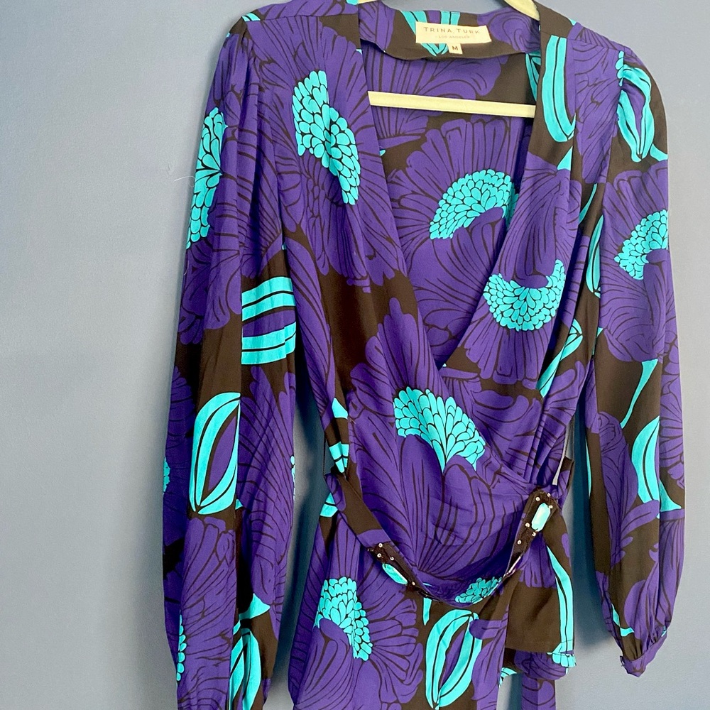 Trina turk blue floral wrap blouse